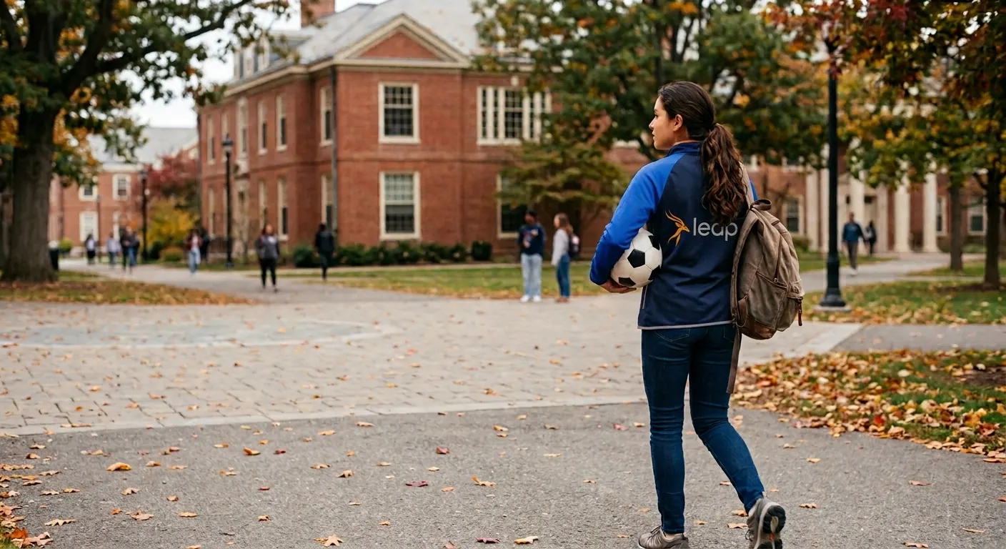 Estudiante atleta costarricense camina por el campus de una universidad en Estados Unidos con un balón