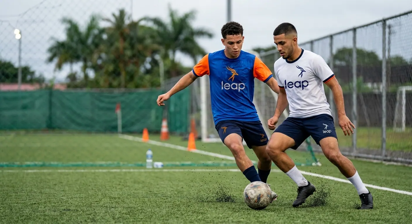Dos jóvenes futbolistas costarricenses practican un uno contra uno con uniformes de entrenamiento de leap en una cancha sintética